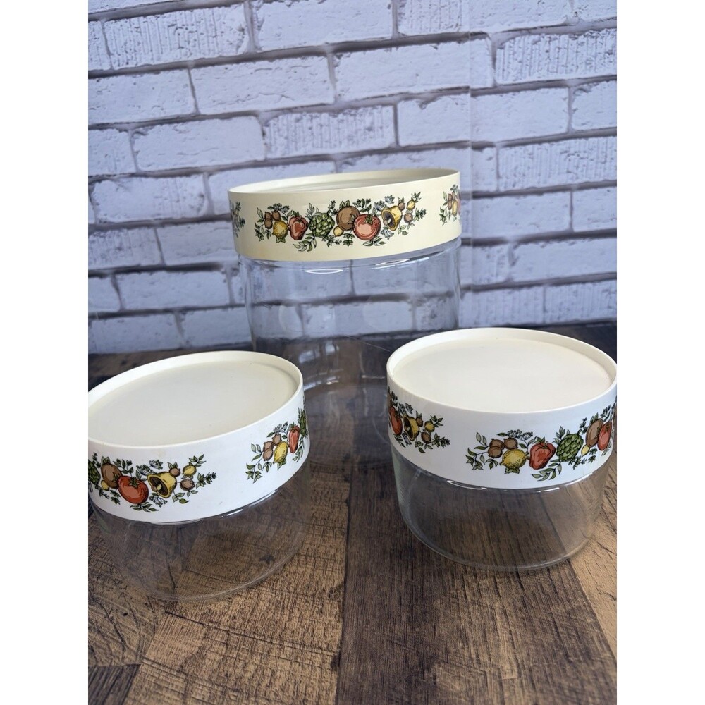 Vintage 70’s Pyrex Spice Of Life Glass Storage Canisters Set Of 3 With Lids